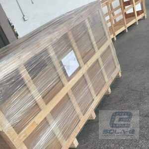 Heavy-duty ISPM 15 compliant wooden crate packaging for sola-e flexible solar panels to ensure zero-crush protection during international shipping.