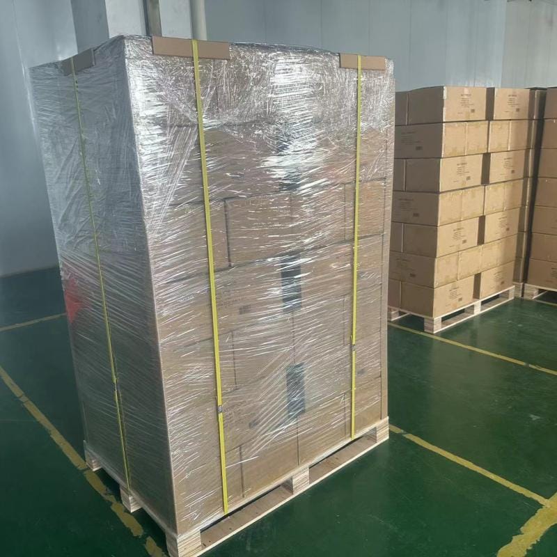 Securely wrapped and strapped export pallets for sola-e portable solar panel wholesale orders ready for shipment.