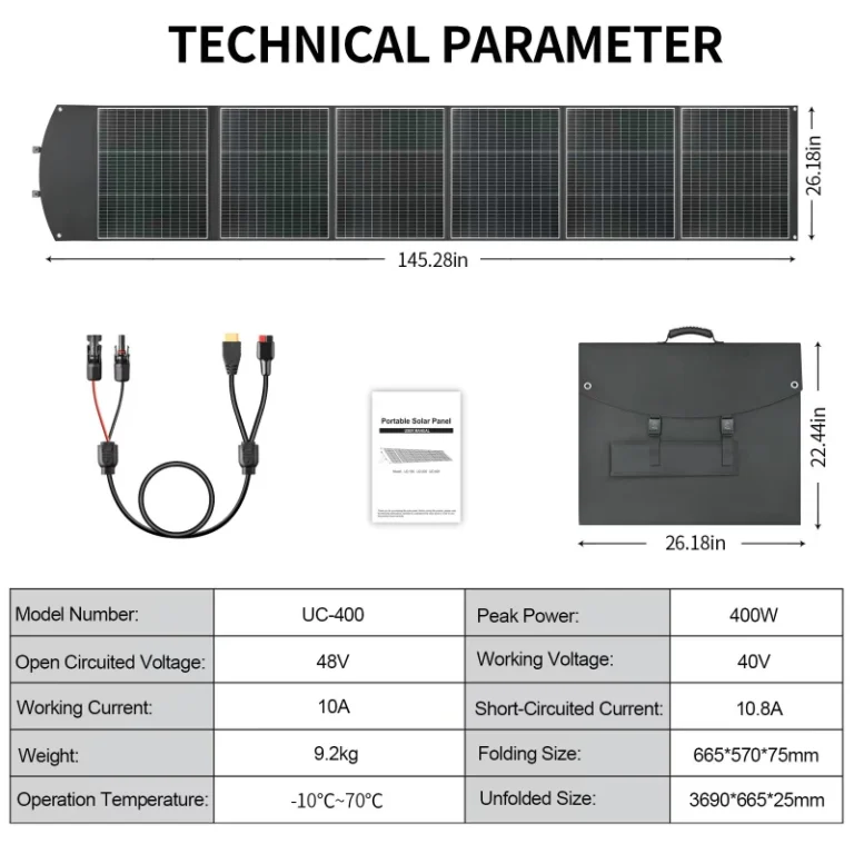 Technical dimensions and folding size of the UC-400 solar panel.