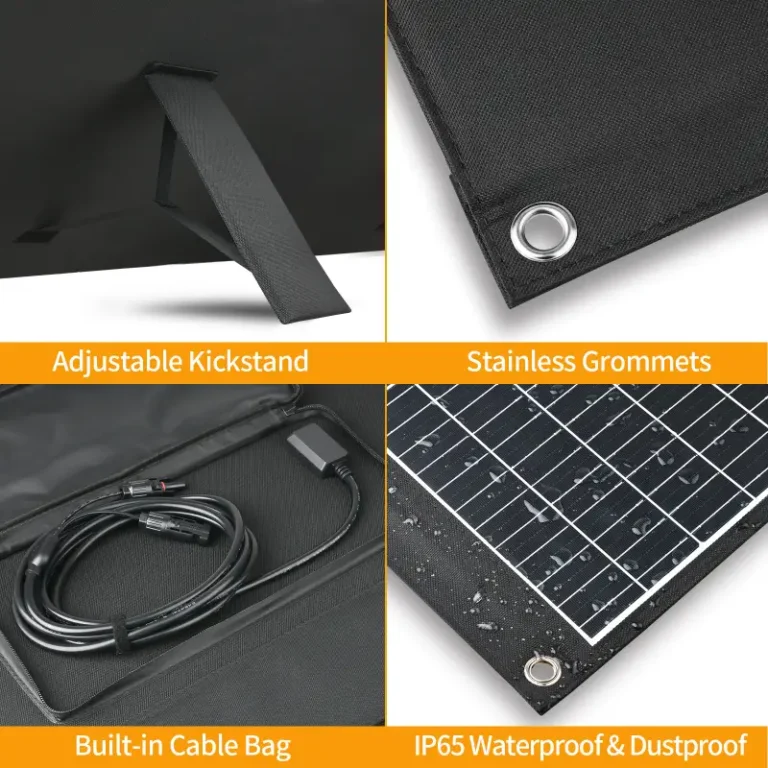 Details of the 400W panel: adjustable kickstand, stainless grommets, and built-in cable bag.