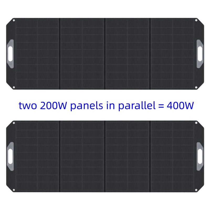 A field setup showing two 200W foldable solar panels connected in parallel for a combined 400W output, offering system redundancy.