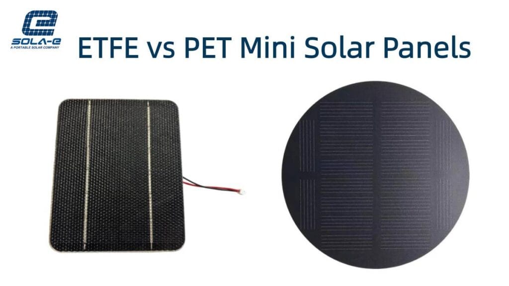 Featured image for ETFE vs PET mini solar panels comparison guide, showing both panel types side-by-side.