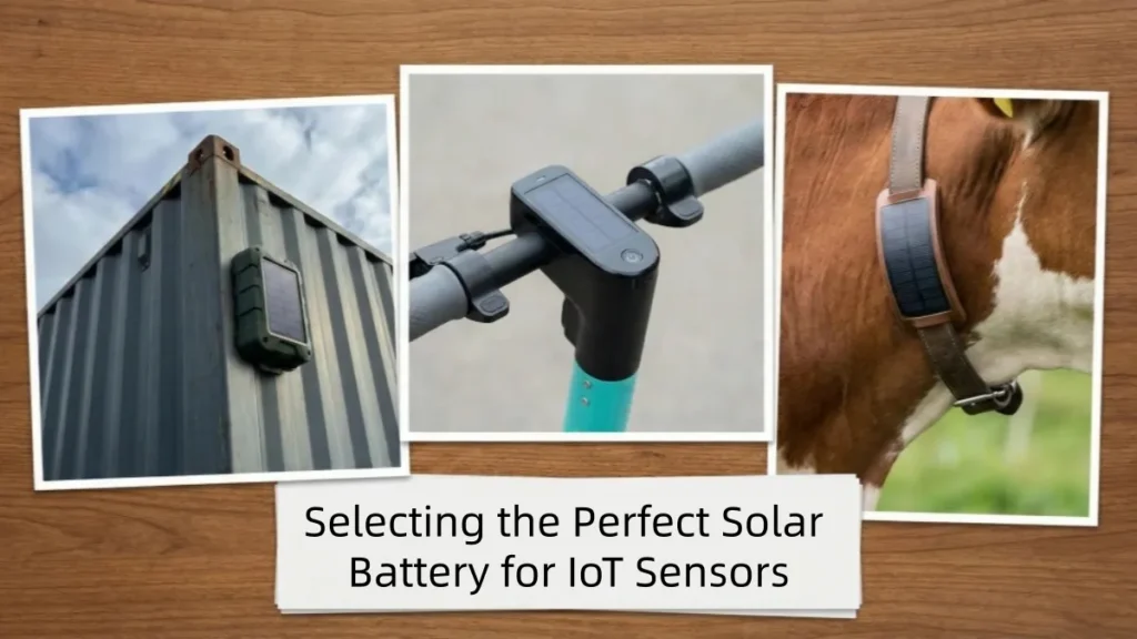 Visual guide comparing LiFePO4 vs Li-ion solar battery autonomy for IoT sensors, including OEM factory integration.