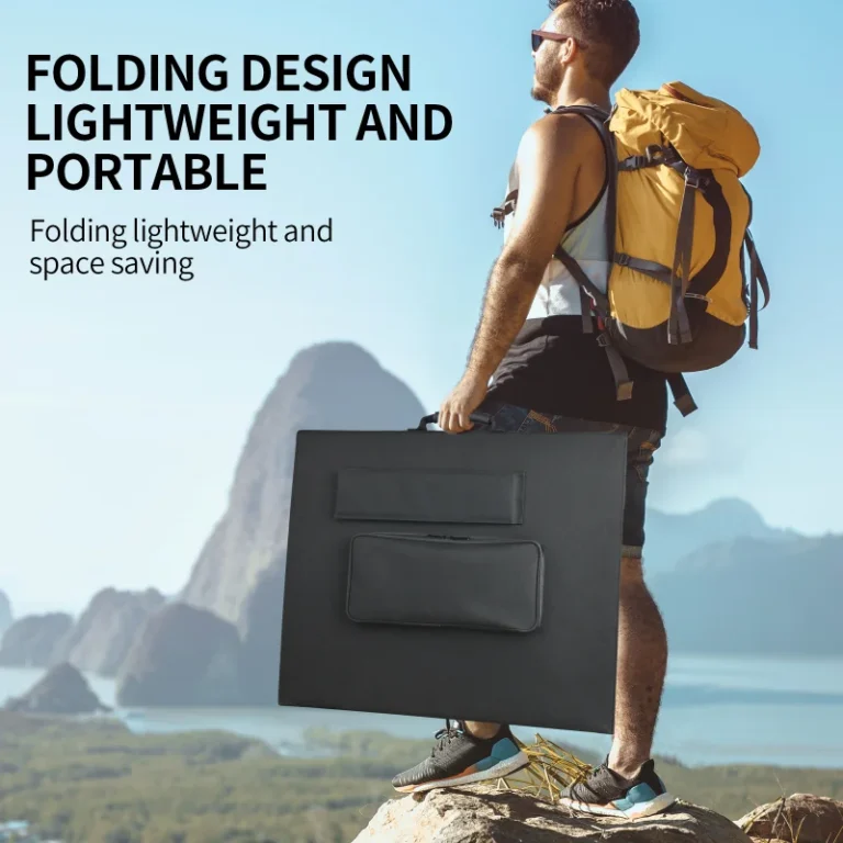 A man carrying the lightweight and portable 400W foldable solar panel by the handle.