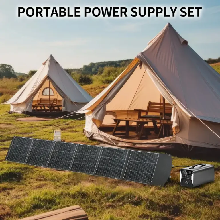 400W foldable solar panel charging a power station at a glamping site.
