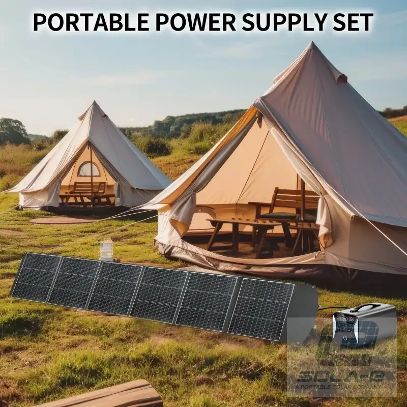 400W foldable solar panel charging a power station at a glamping site.