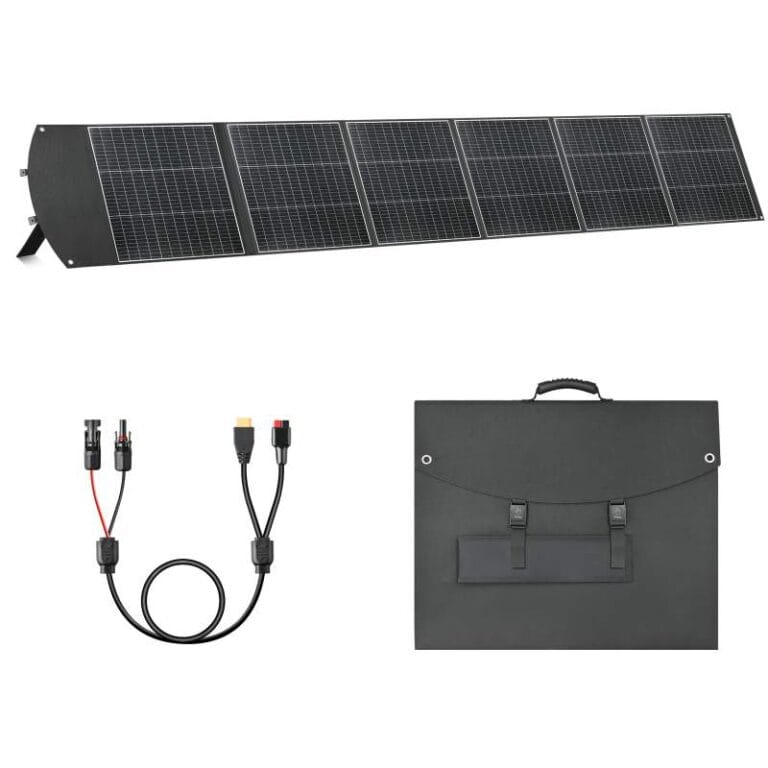 400W foldable solar panel and accessories including MC4 connectors and carrying bag.