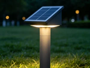 Sola-E 1.5W ETFE solar panel powering a smart lawn lamp in a community park.