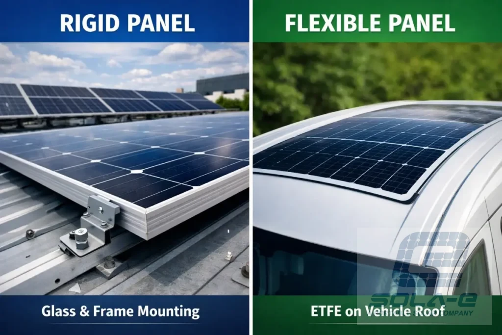 Flexible vs rigid solar panels comparison for commercial vehicle and OEM applications, showing weight and installation differences.