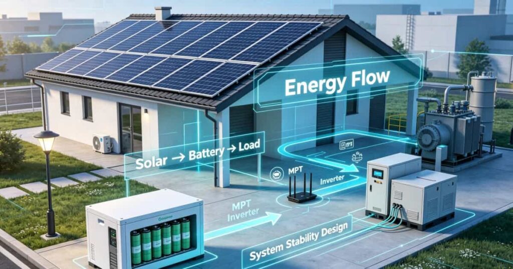 Off-grid solar system design diagram showing energy flow between solar panels battery and load