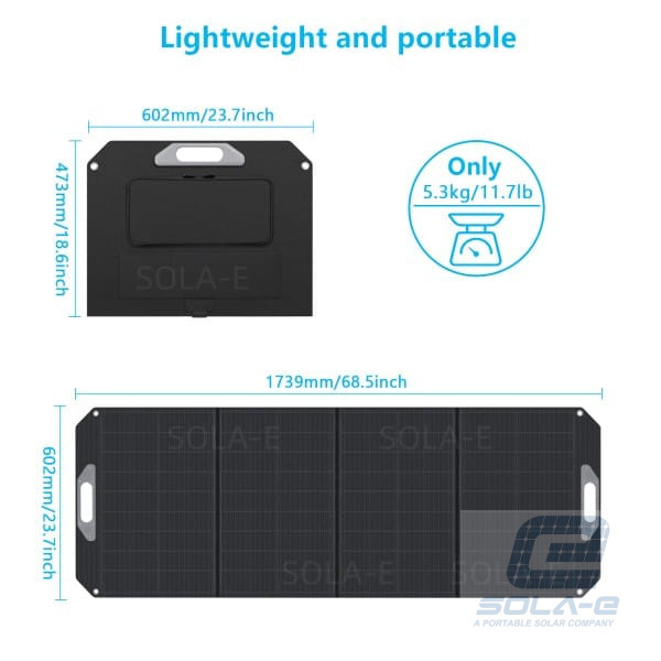 Folded and unfolded dimensions of 200W portable solar panel, weighing only 5.3kg for easy transport.