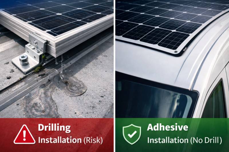 Rigid solar panel installation with aluminum frame and mechanical mounting on rooftop.
