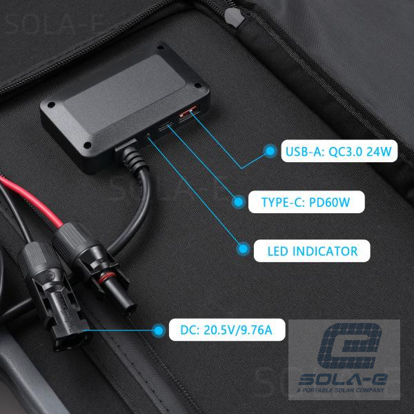 Close-up of solar panel output box featuring PD60W Type-C, QC3.0 USB, and DC 20.5V ports.