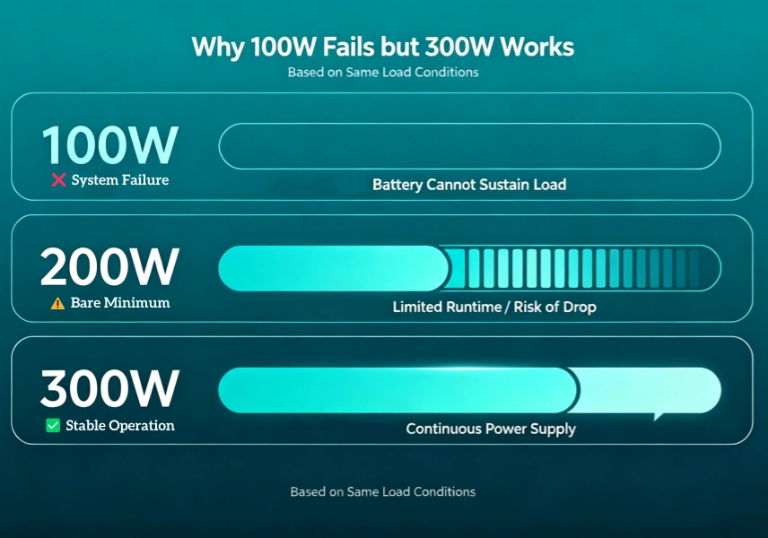 Comparison of solar panel sizes for 1000Wh battery showing 100W 200W and 300W performance