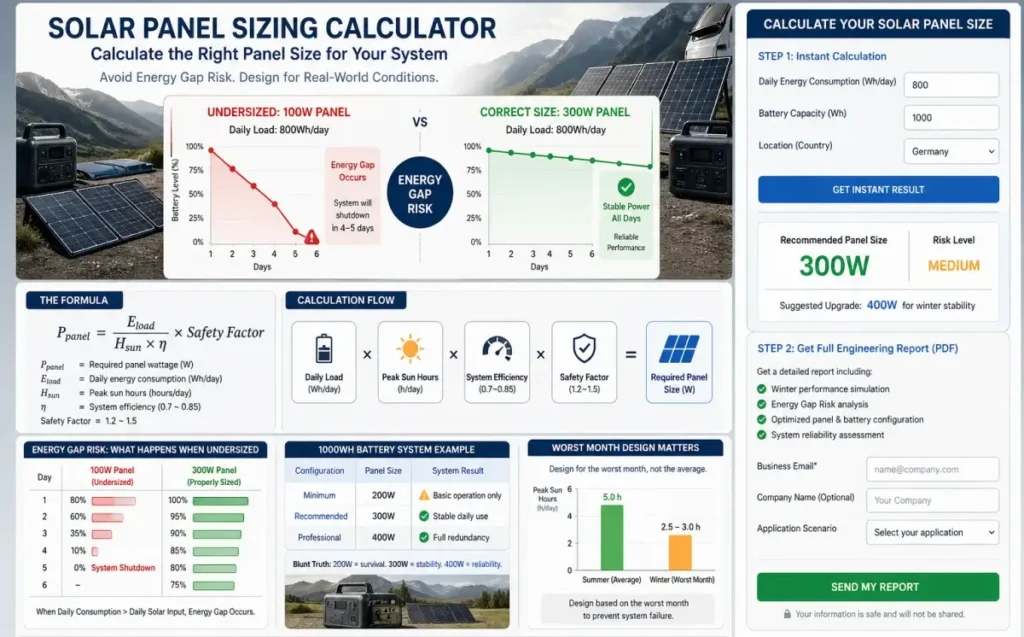 Explanation of solar panel sizing formula including efficiency and safety factor