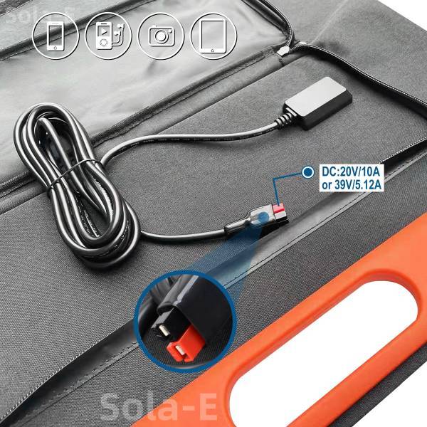 Integrated solar junction box with USB-C PD 45W and QC3.0 ports for direct laptop and drone charging.