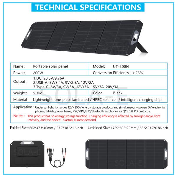 Technical specifications table for UT-200H portable solar panel showing 200W peak power and 25% efficiency.
