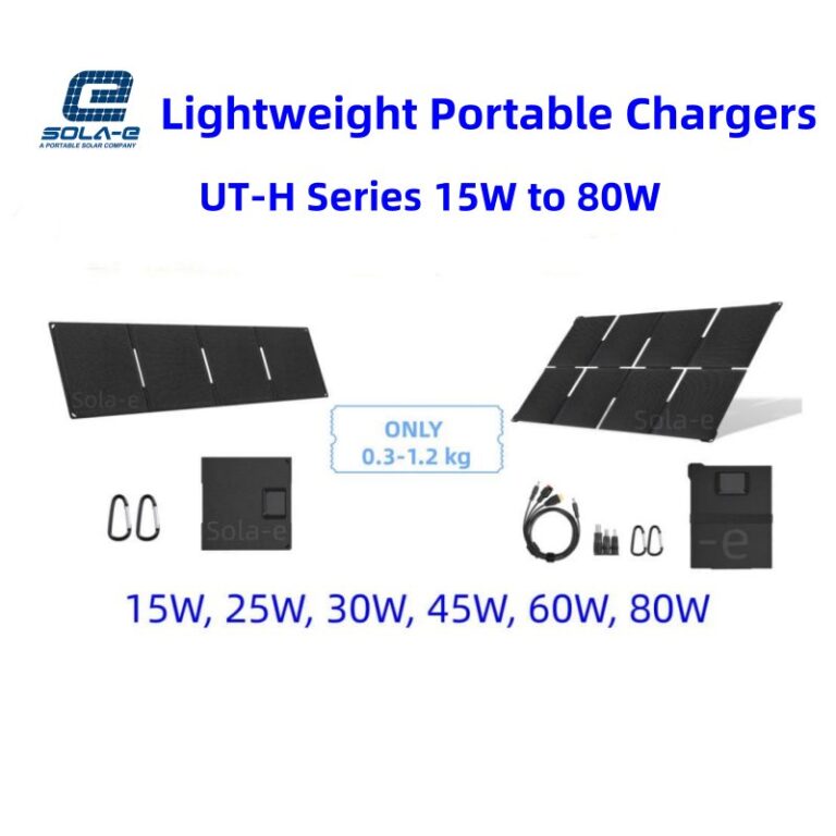 UT series ultra-lightweight portable solar chargers ranging from 15W to 80W, weighing only 0.3kg to 1.2kg, featuring high-efficiency HPBC cells for OEM outdoor gear.