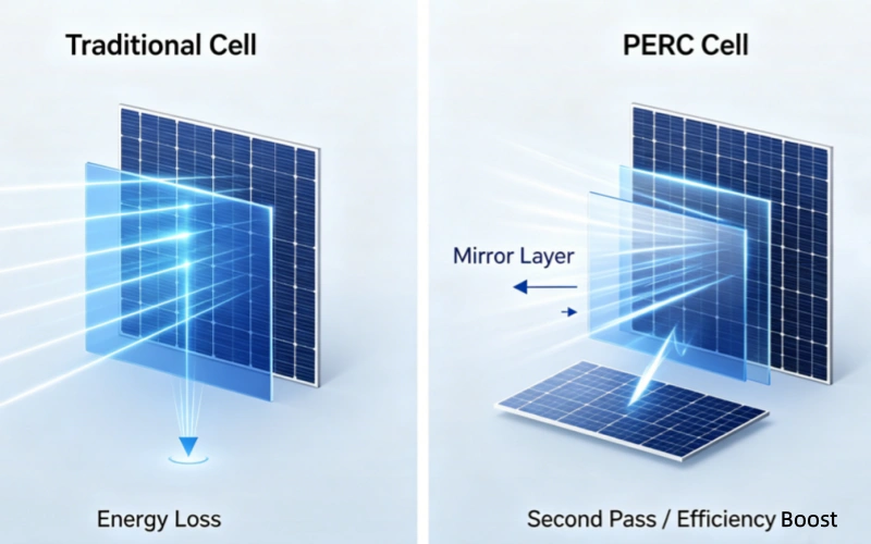 Professional infographic comparing PERC solar cell mirror layer reflection versus traditional solar cell energy loss for higher efficiency.