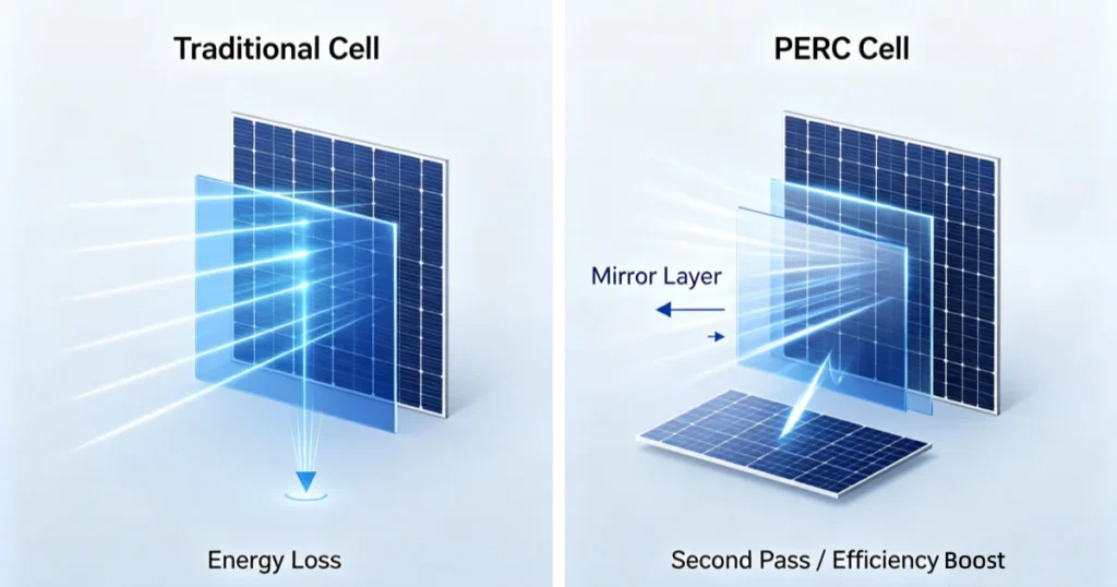 Visual comparison of high-efficiency PERC flexible solar module vs traditional solar cell for 2026 industrial projects.