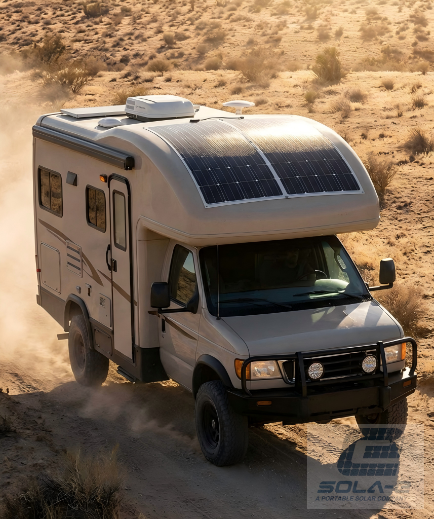Flexible solar panel installed on RV roof driving on rough desert road, engineered for vibration and shock