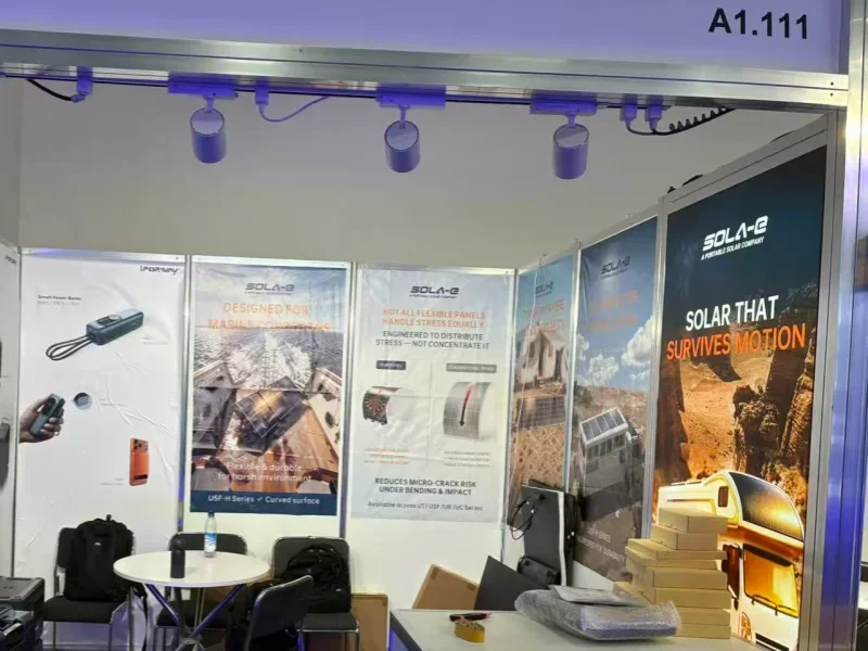 Sola-E booth setup at Intersolar Europe 2026 in Munich showcasing flexible and portable solar panel solutions