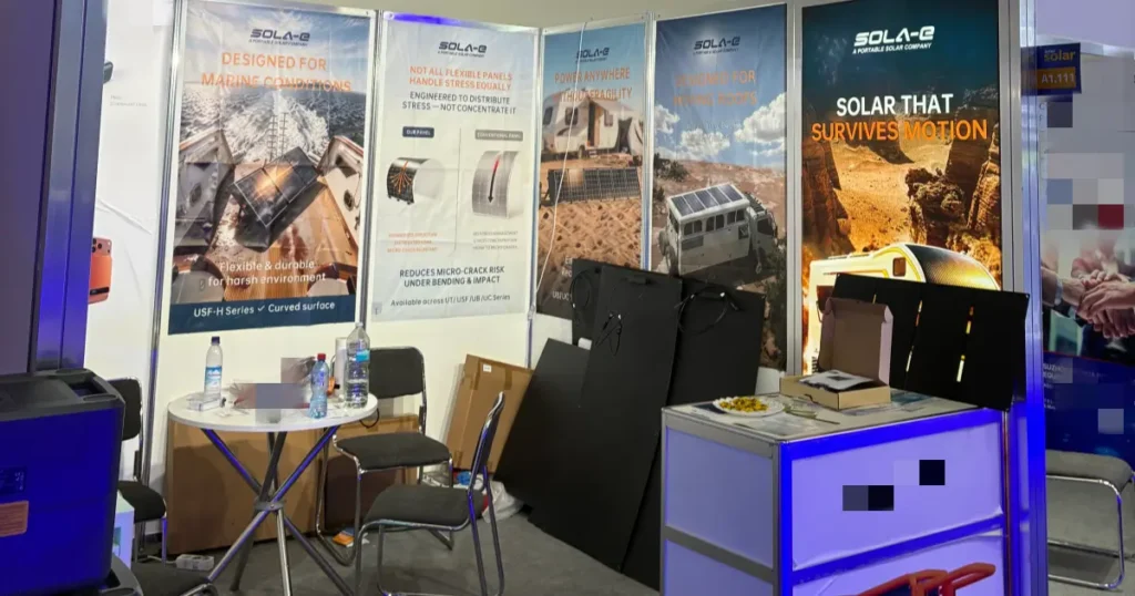 Sola-E booth at Intersolar Europe 2026 featuring flexible and portable solar panel solutions