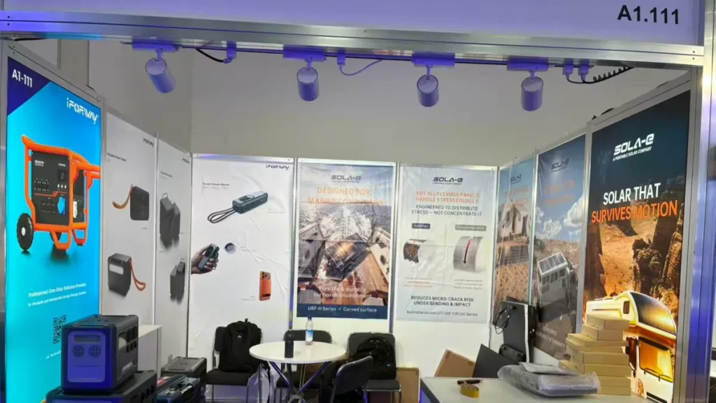 Sola-E booth at Intersolar Europe 2026 featuring flexible solar panels for RV, marine and portable power applications