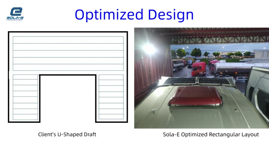 Before and after comparison: Client's original U-shaped 200W truck roof solar panel design vs Sola-E's optimized rectangular layout installed on Brazilian logistics fleet cabs — proven in field operation since 2022.