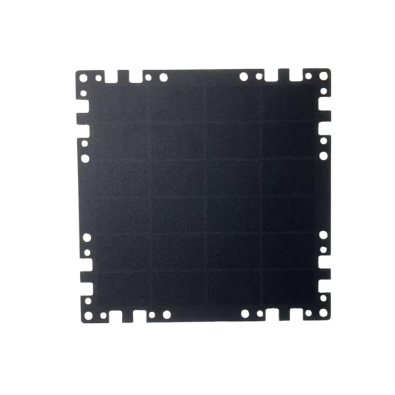 Full-black custom solar panel module featuring precision-drilled holes and multi-point electrical contacts