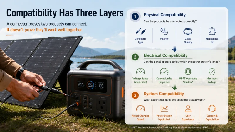 Portable solar panel compatibility diagram showing physical, electrical, and system compatibility layers