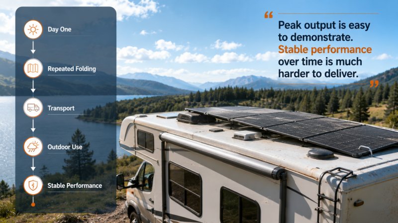 Portable solar panel durability lifecycle from day one through folding, transport, and outdoor use to long-term stable performance