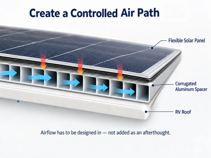 Cross-section diagram of a flexible solar panel with a corrugated aluminum spacer creating a controlled air path above the RV roof