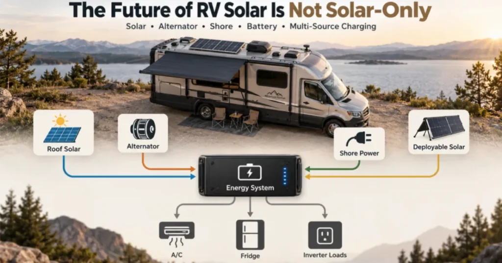 RV solar panel parked outdoors with rooftop solar and a separate deployable ground solar panel both charging the same battery system - one RV using more than one solar source