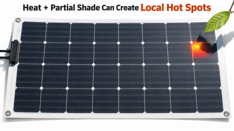 Diagram showing how heat combined with partial shade creates a local hot spot on one cell of a flexible solar panel