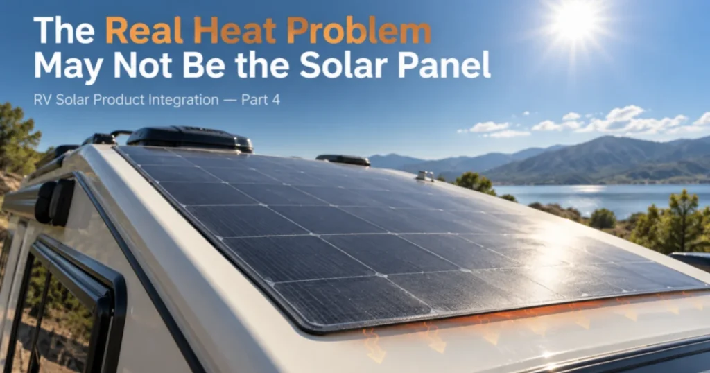 RV parked in sunlight with a flexible solar panel mounted on its curved roof - the real heat problem behind flexible RV solar panel integration