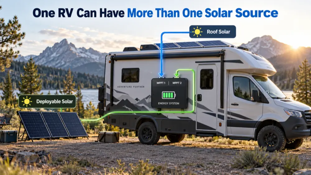 RV parked outdoors with rooftop solar and a separate deployable ground solar panel both charging the same battery system - one RV using more than one solar source