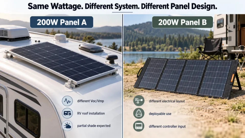 Comparison of two 200W RV solar panels with different designs - Panel A mounted rigid on the roof, Panel B a portable ground panel - showing how the same wattage leads to different panel specifications