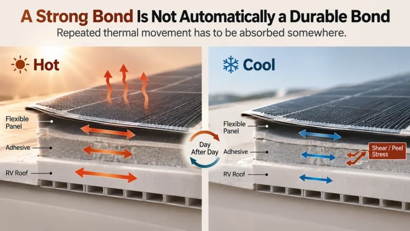 Side-by-side hot and cool diagram showing thermal movement between the flexible solar panel, adhesive layer, and RV roof under temperature cycling